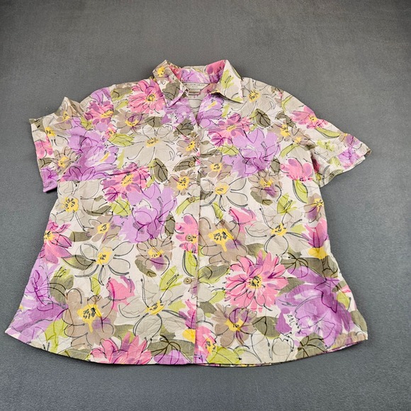 Allison Daley Tops - Allison Daley Petite Floral Button Front Blouse Pink Purple 14P Short Sleeve